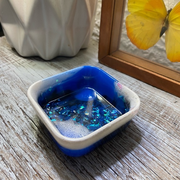 Square Tray / Dish - Blue + Black + White + Iridescent Rainbow Confetti - Picture 4 of 17